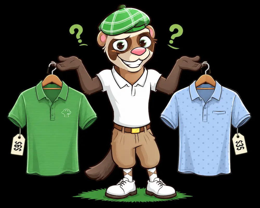 Finneus Ferret holding up two shirts of different price points.
