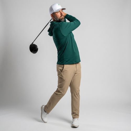 Man wearing a Players Collection hoodie in Deep Forest from Green Ferret Golf