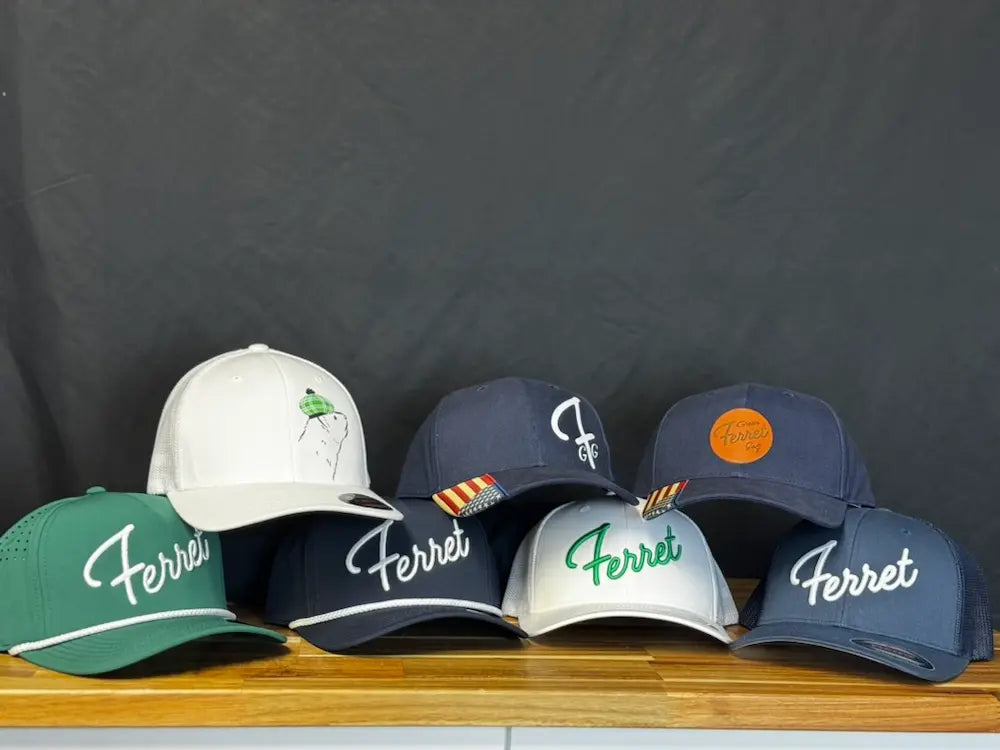 Collection of styles of hats available through Green Ferret Golf