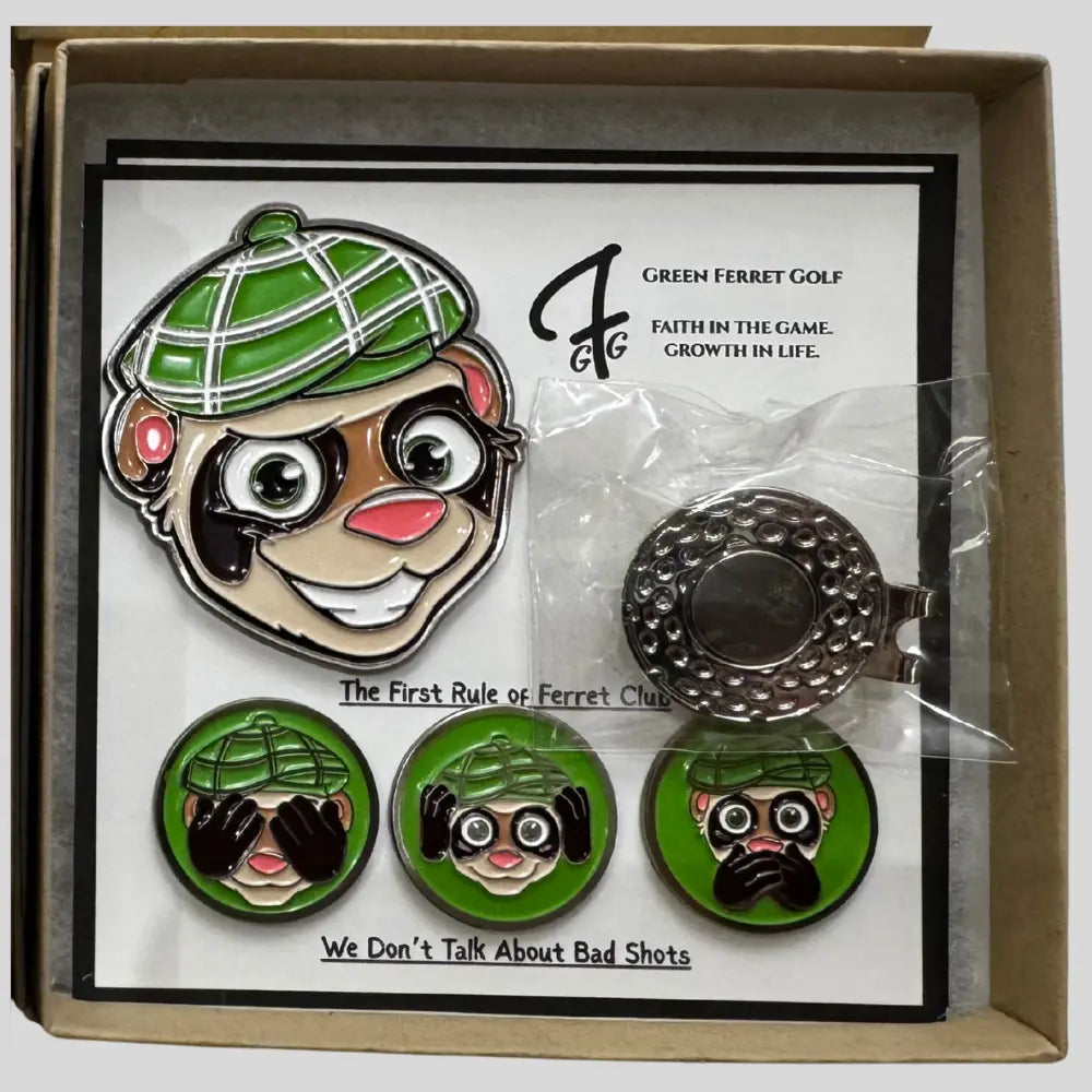 Finneus Ferret Limited Edition ball marker set in a gift box with magnetic ball marker holder.