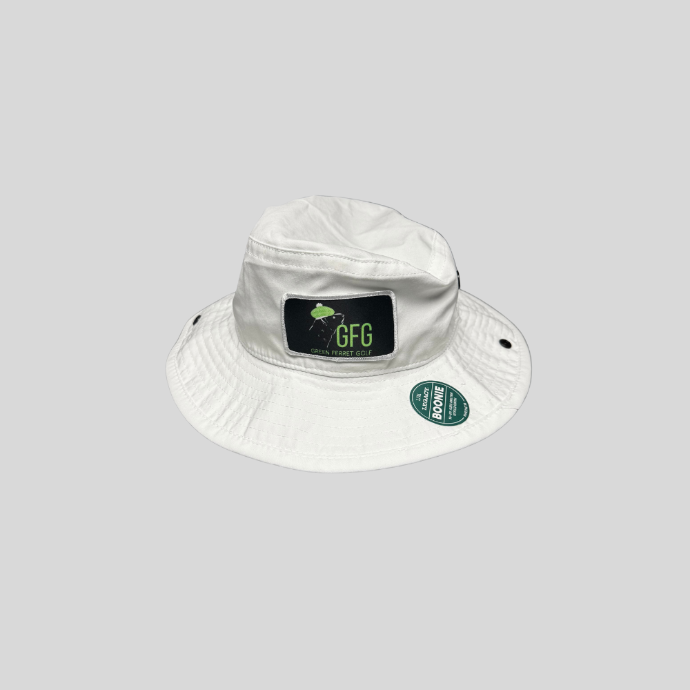 White bucket hat with a Green Ferret Golf patch logo on a gray background