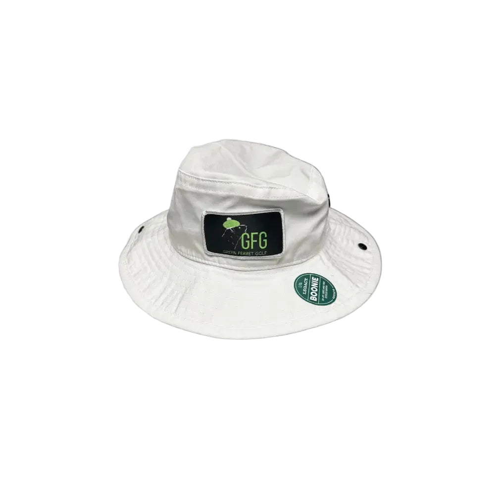 White bucket hat with a Green Ferret Golf patch logo on a gray background