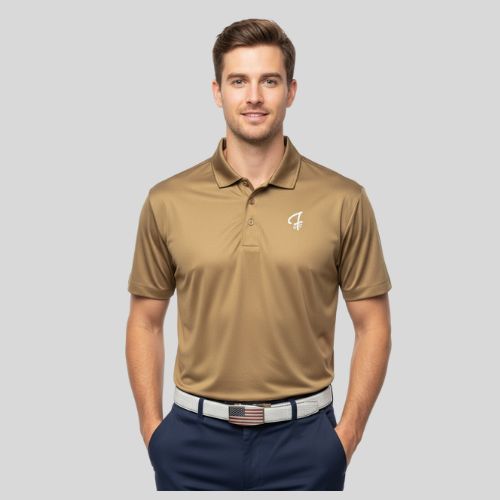 Man wearing a brown polo shirt with a Green Ferret Golf logo on a gray background