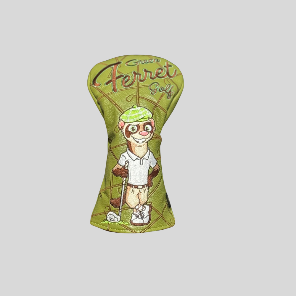Golf club head cover with cartoon ferret design and 'Green Ferret Golf' text on a gray background