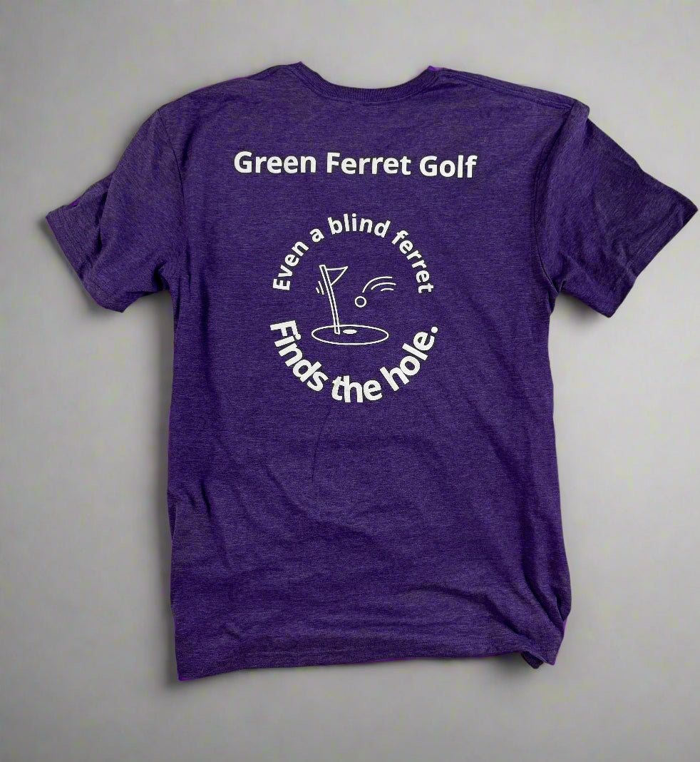 Purple t-shirt with 'Green Ferret Golf' text and graphic on a white background