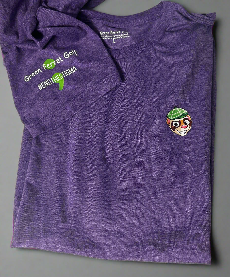 Purple t-shirt with Finneus Ferret Face logo and print on right sleeve on a white background