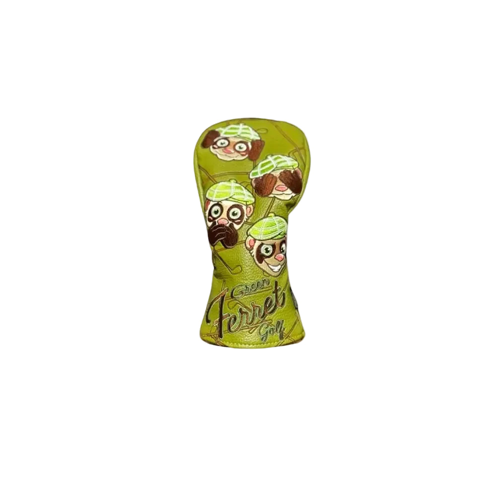 Green golf club head cover with Finneus Ferret expressions and Green Ferret Golf on a gray background