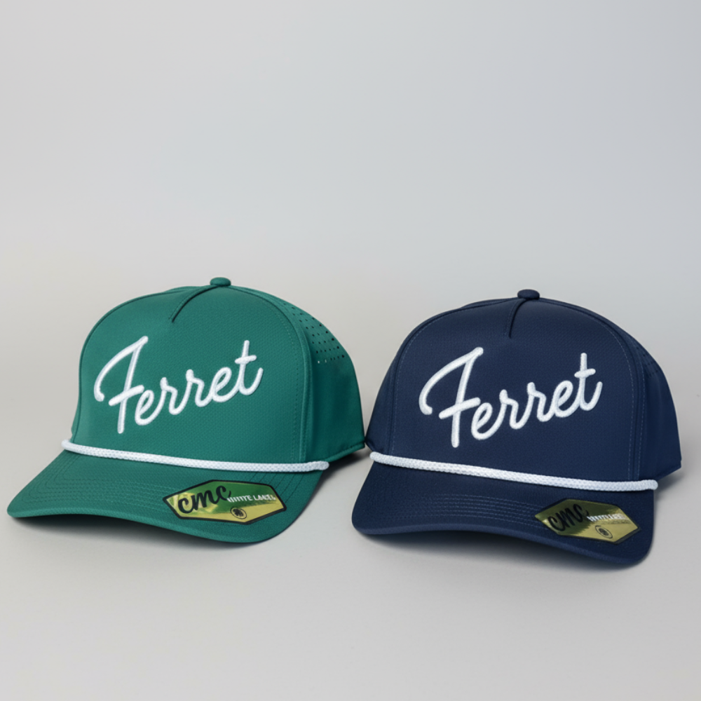 Two baseball caps, one green and one blue, with 'Ferret' branding on a light gray background.