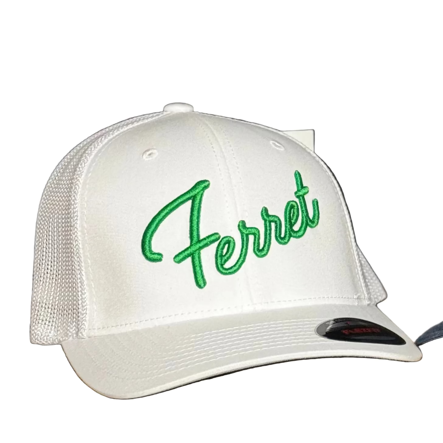 Two hats with 'Ferret' branding on a wooden surface against a black background