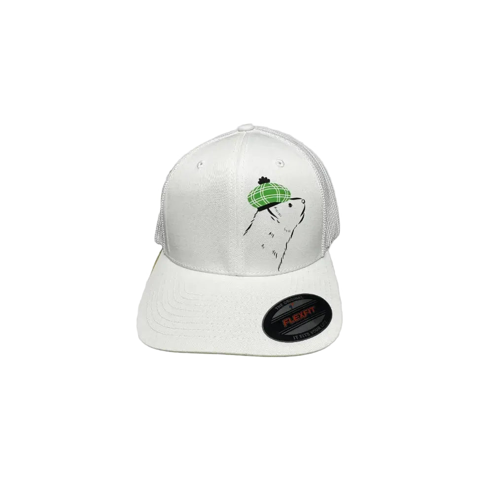 White cap with Green Ferret Golf Alternate Logo a gray background