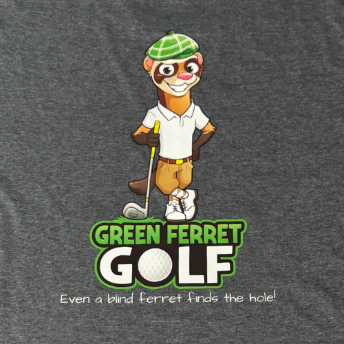 Close up of decal on T-shirt showing Finneus Ferret and 'Even a blind ferret finds the hole!'