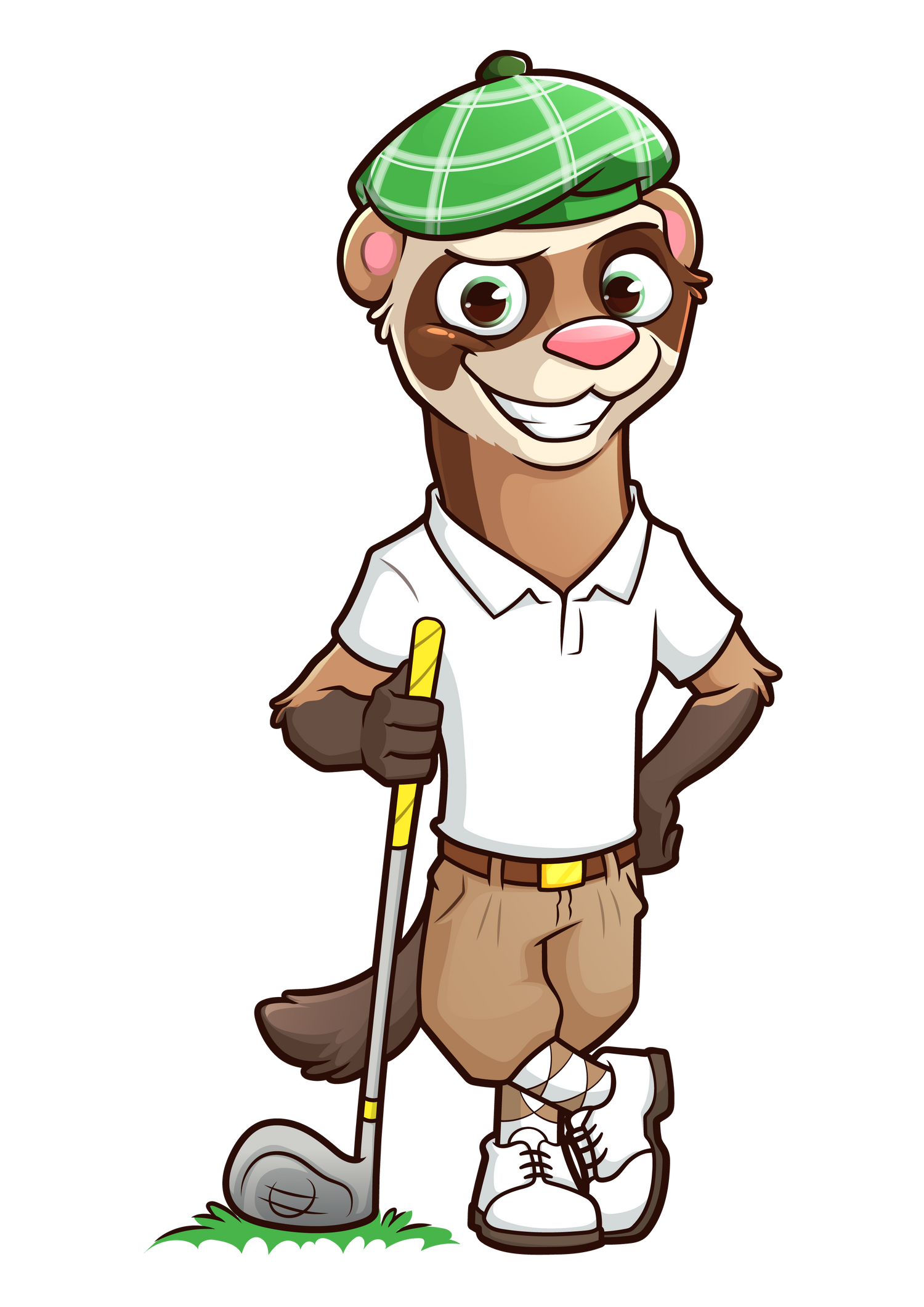 Cartoon mascot Finneus Ferret wearing a Green Scottish Tam O Shanter and Payne Stewart style outfit