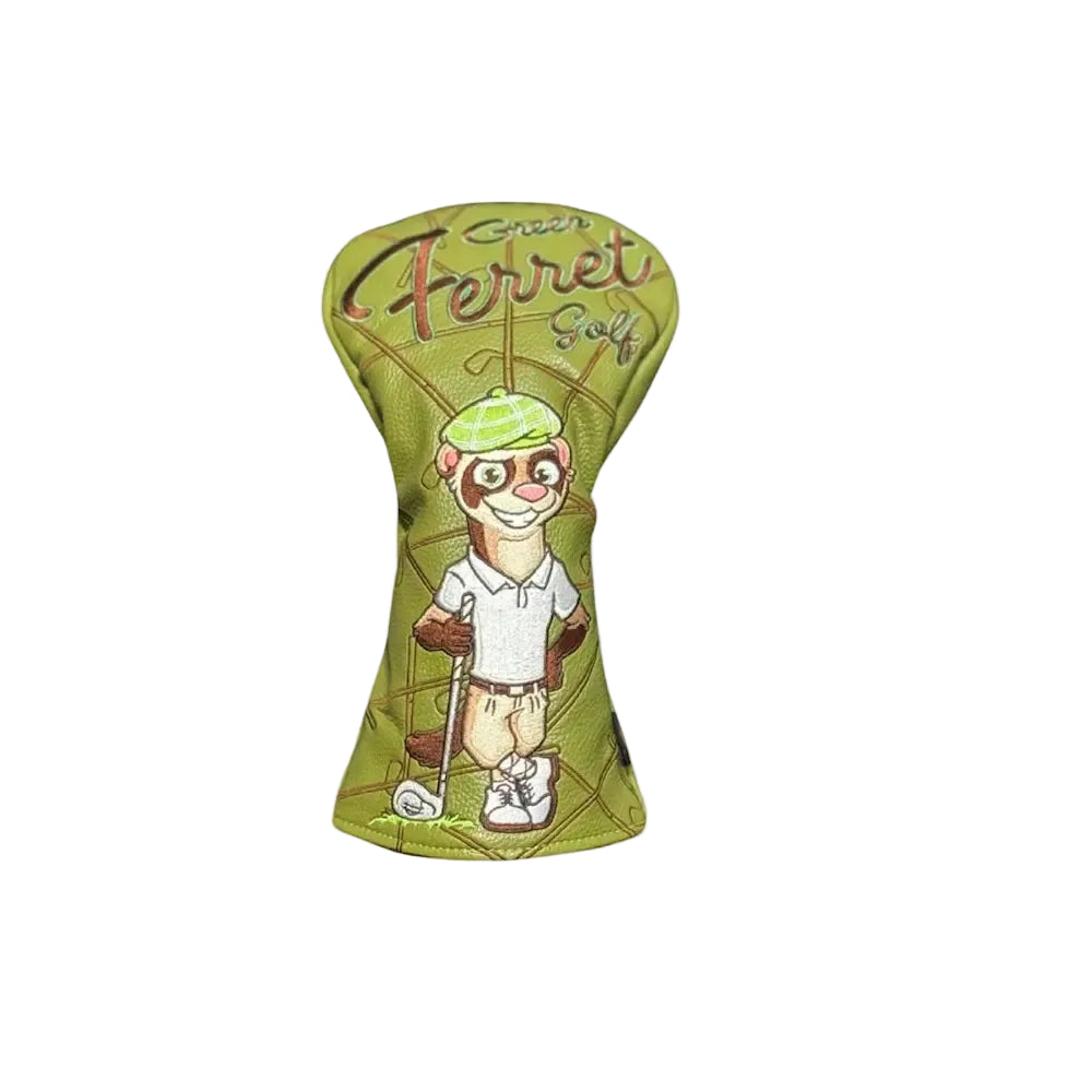 Golf club head cover with Finneus Ferret and 'Green Ferret Golf' branding on a gray background