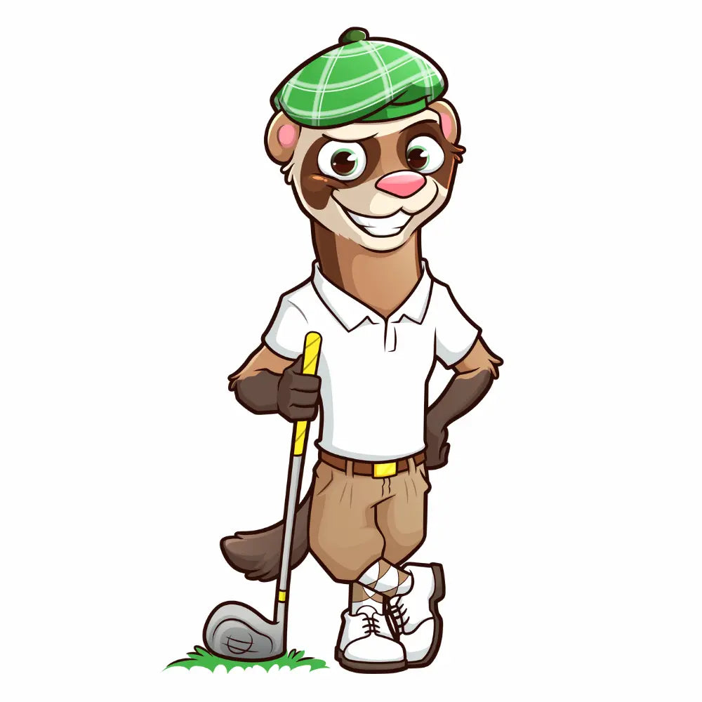 Finneus Ferret, the mental health mascot of Green Ferret Golf, holding his driver and smiling at the viewer.