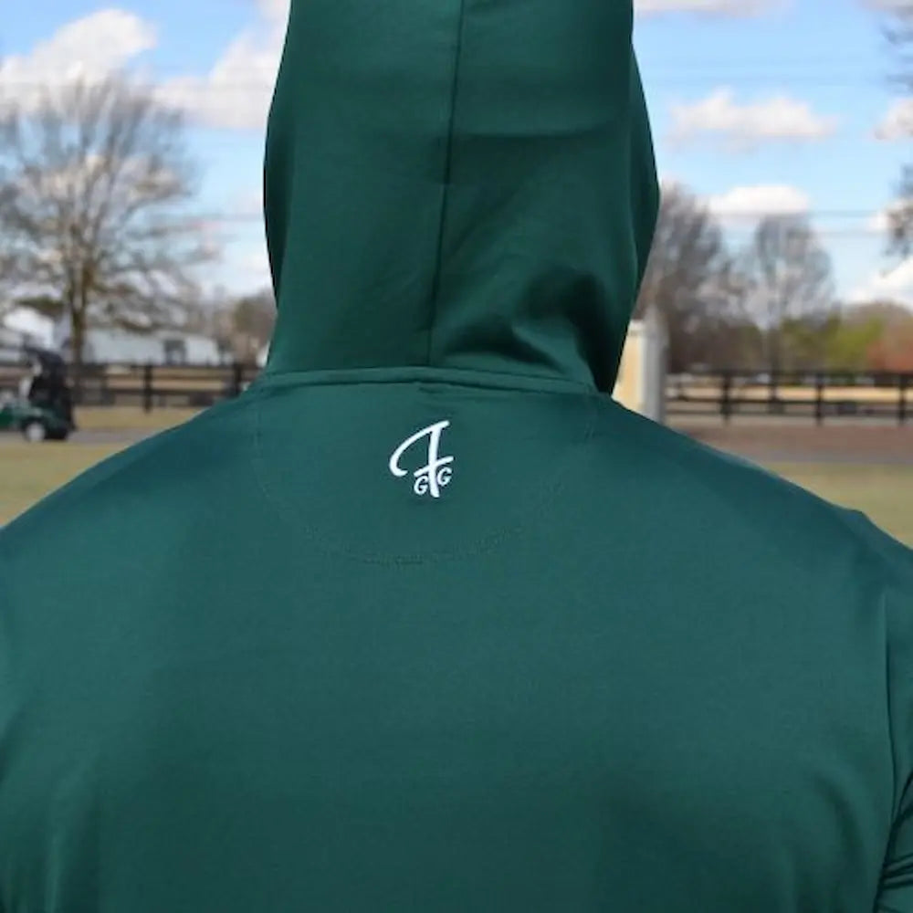 detail of the GFG logo on the Players Pullover Hoodie in Forest Green from Green Ferret Golf