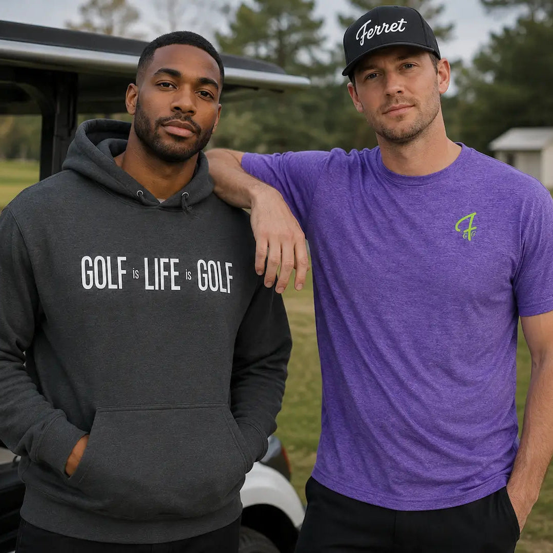 Two men in Green Ferret Golf streetwear standing next to a golf cart on a golf course in Charlotte NC
