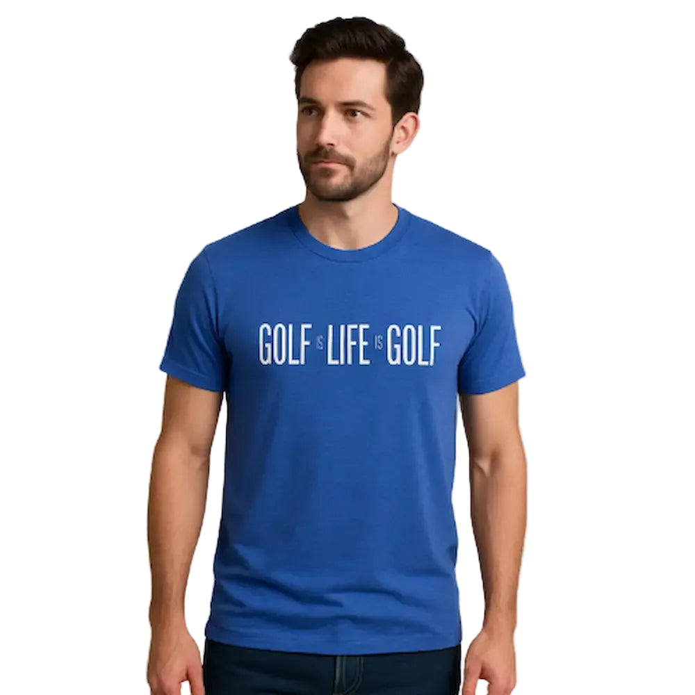Man wearing a blue t-shirt with 'GOLF IS LIFE' text on a gray background