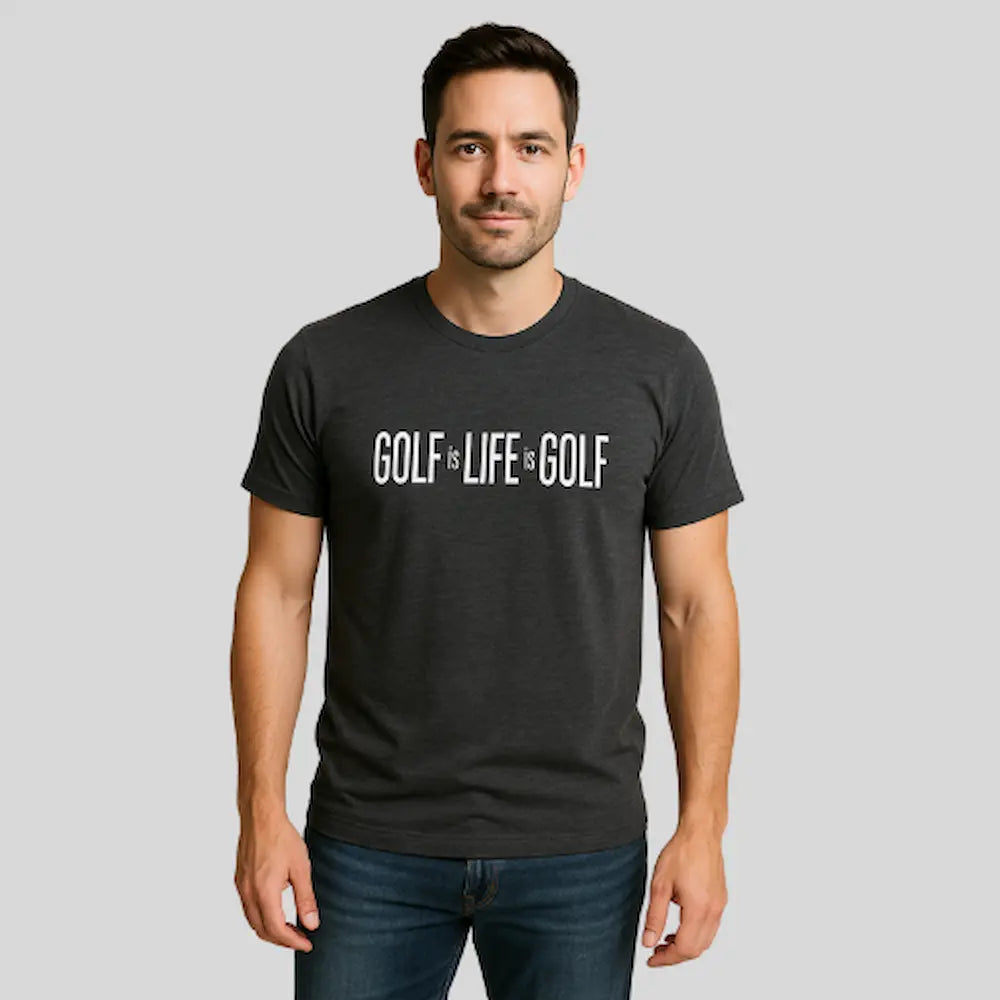 Man wearing a grey t-shirt with 'GOLF IS LIFE IS GOLF' text from Green Ferret Golf