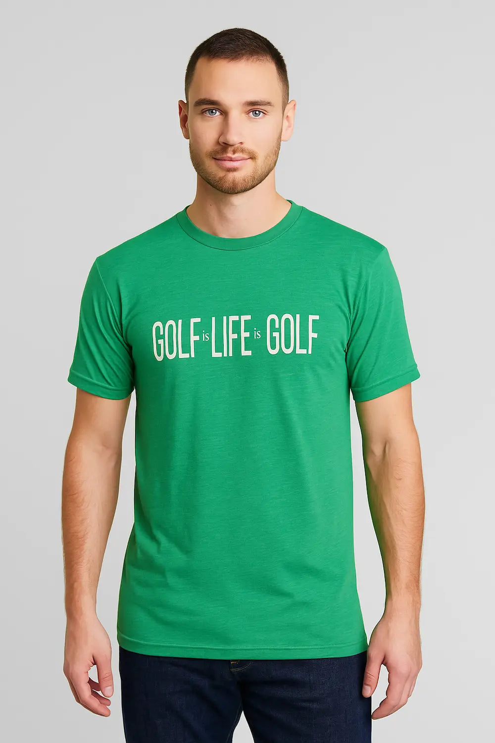 Man wearing a green t-shirt with 'GOLF LIFE IS GOLF' from Green Ferret Golf