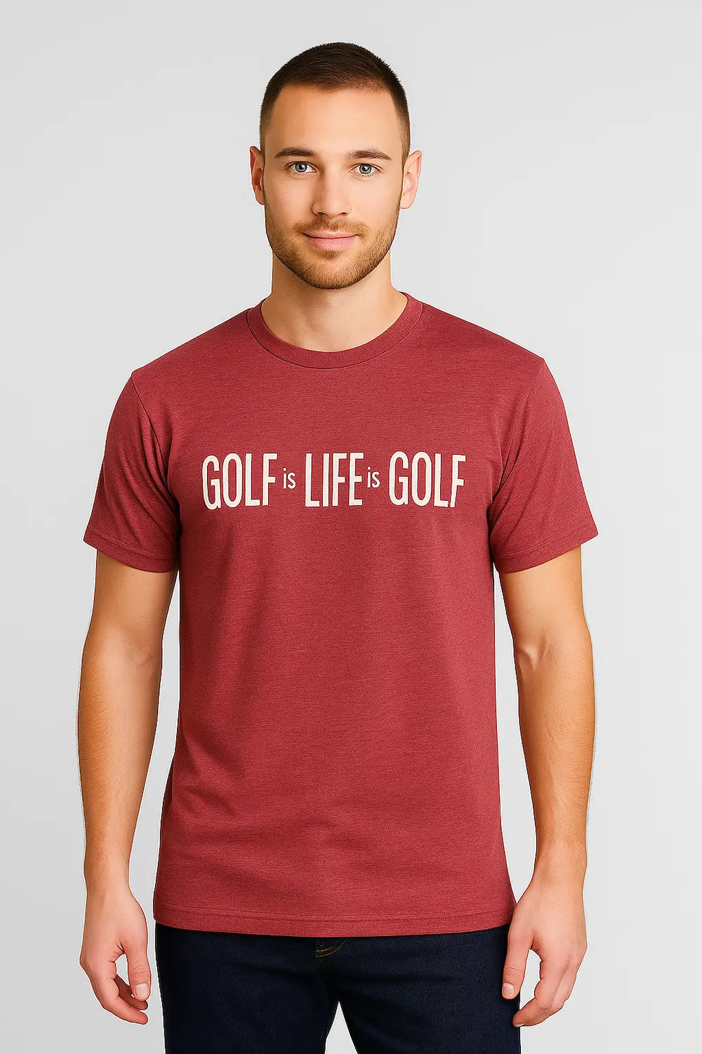 Man wearing a red t-shirt with 'GOLF IS LIFE IS GOLF' text from Green Ferret Golf