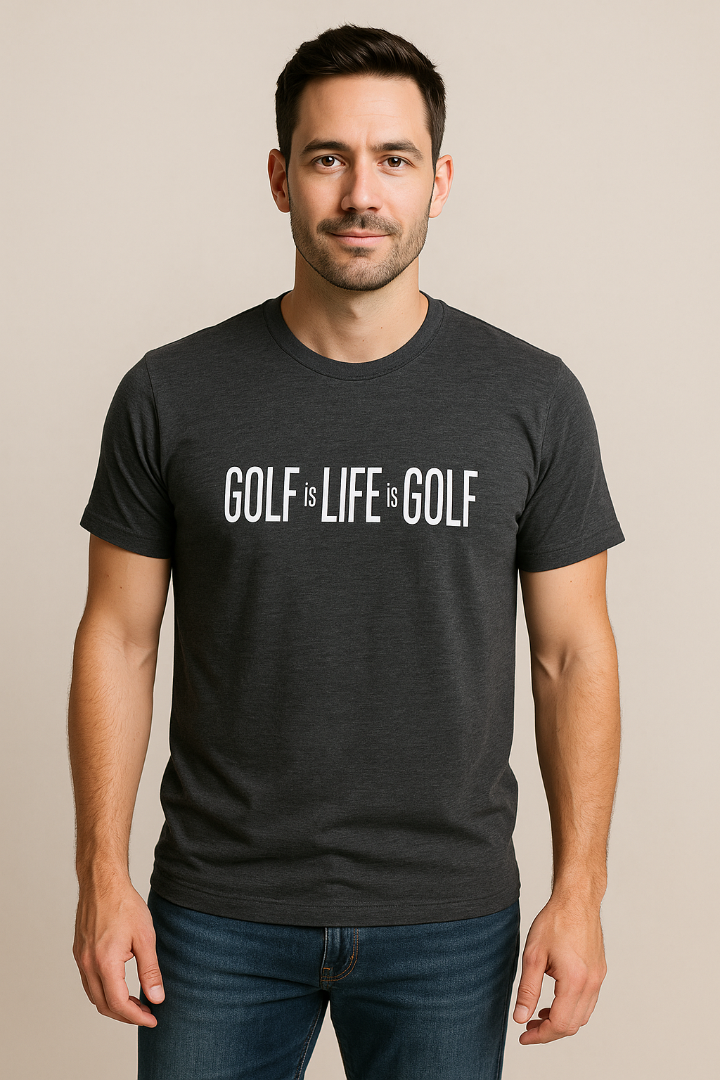 Man is wearing a Heather Grey shirt that says 'Golf is Life is Golf'