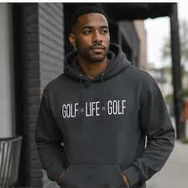 model wearing a golf is life is golf sweatshirt