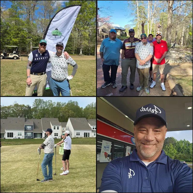 Collage of real people on a golf course wearing Green Ferret Golf Players Series and ProShop Polos