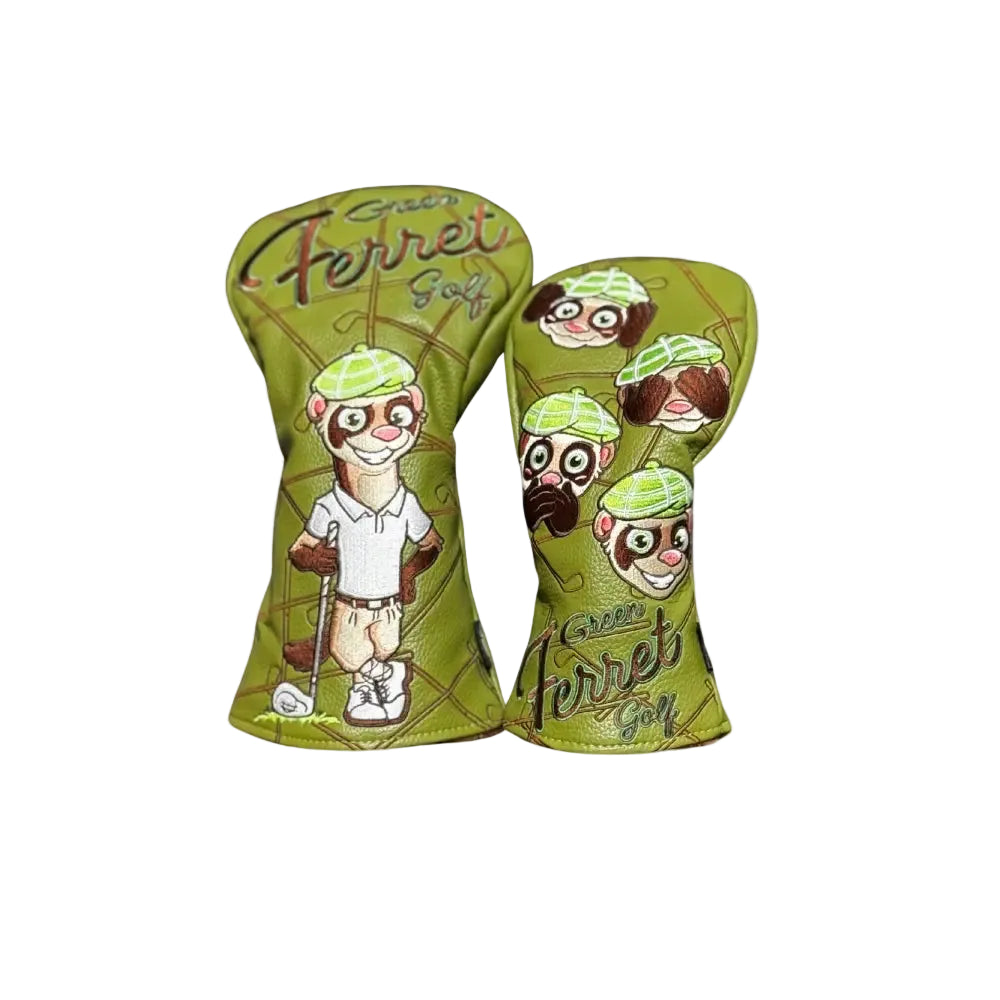 Green Ferret Golf branded fairway club head cover and Driver cover with Finneus Ferret design 