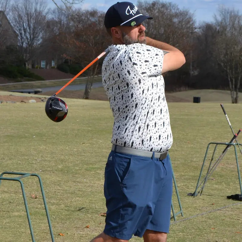 Rob at the diving range showing the full swing ability of the Mafioso Polo in North Carolina