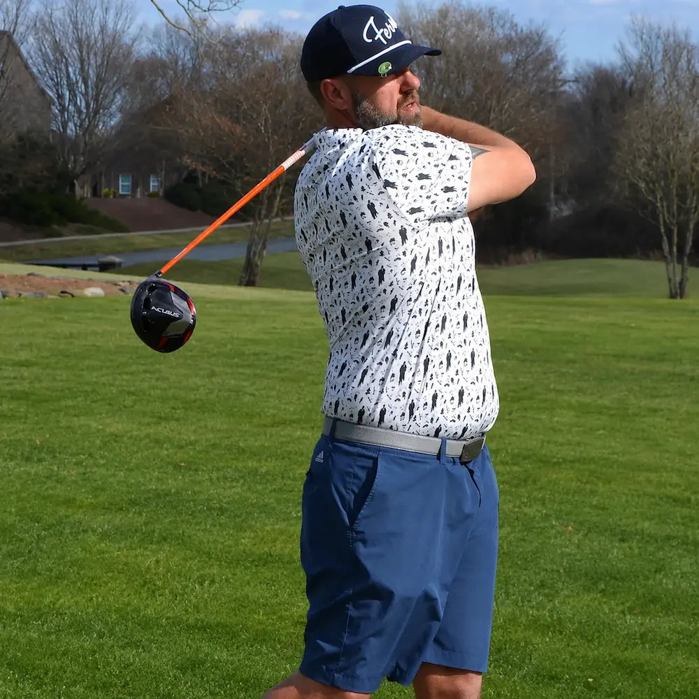 Rob at the diving range showing the full swing ability of the Mafioso Polo in North Carolina