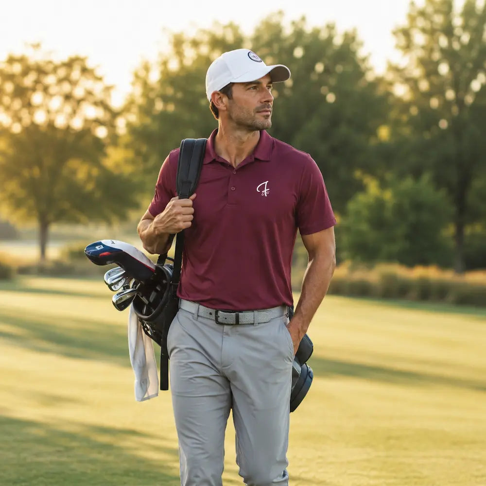Model walking the fairway at golden hour in the Pro Shop Polo from Green Ferret Golf.