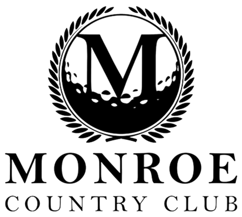 Logo of Monroe Country Club with a large 'M' and golf balls inside a circular design.