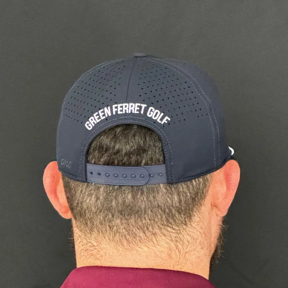Back view of a Navy Blue Ferret Panel Mid-Rope Hat - Adjustable Golf Hat with Ferret Logo
