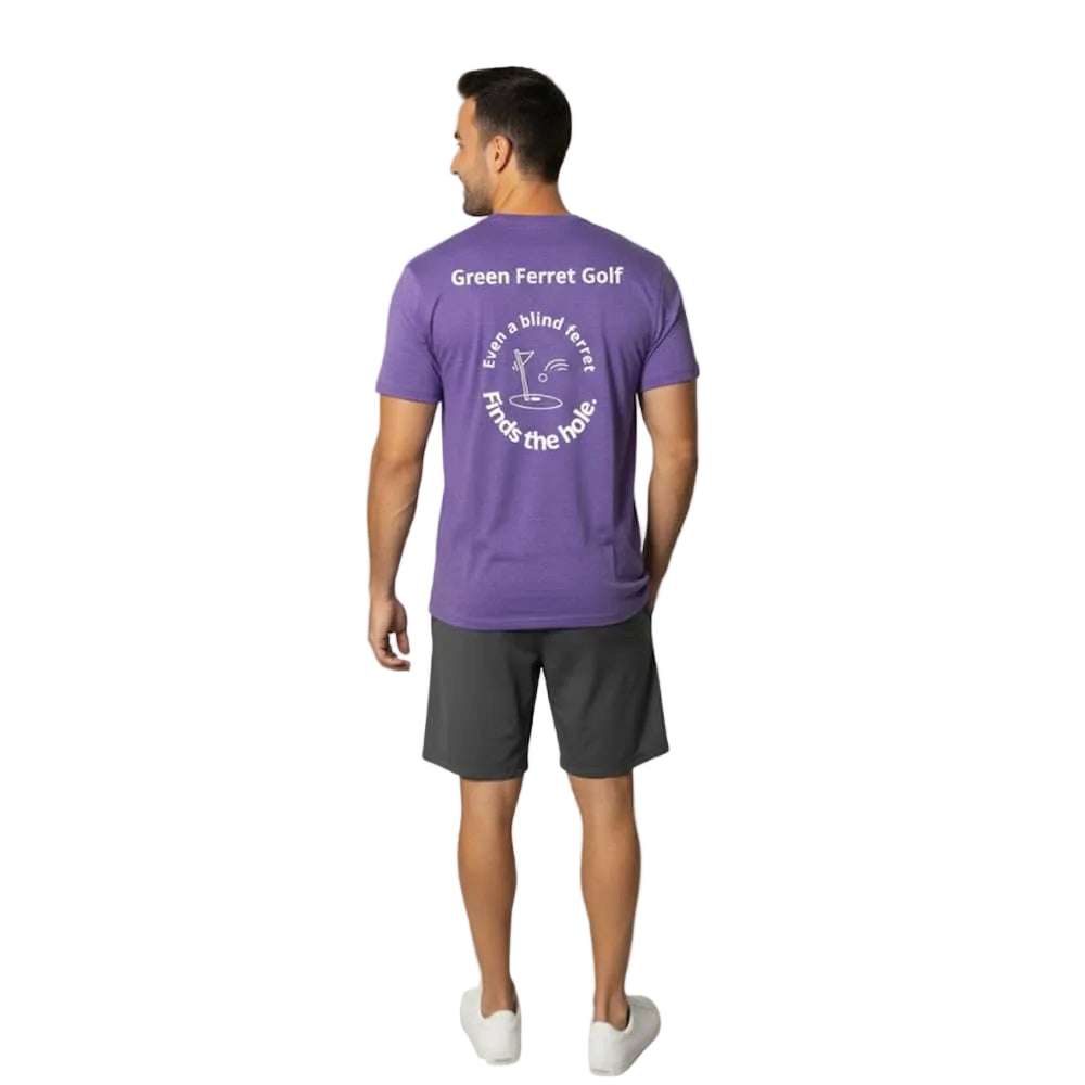 Model wearing the OG Ferret purple tshirt from behind showing Even a blind ferret finds the hole from Green Ferret Golf.