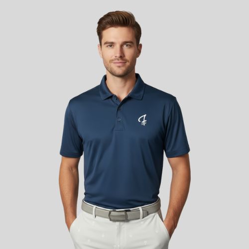 Man wearing a ocean blue polo shirt with a logo on a gray background