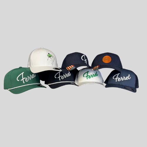 Collection of caps with 'Ferret' branding on a light gray background from Green Ferret Golf