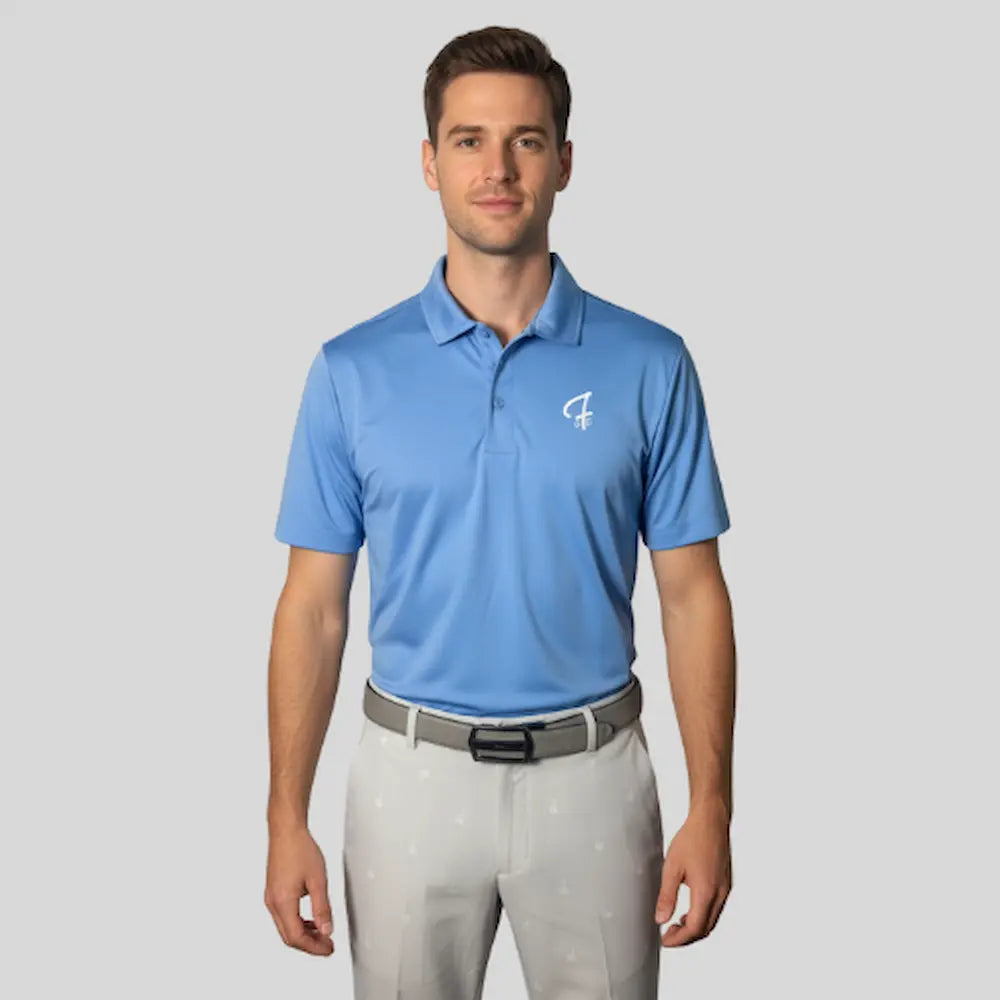 Model wearing a Pro Shop Polo in Carolina Blue from Green Ferret Golf