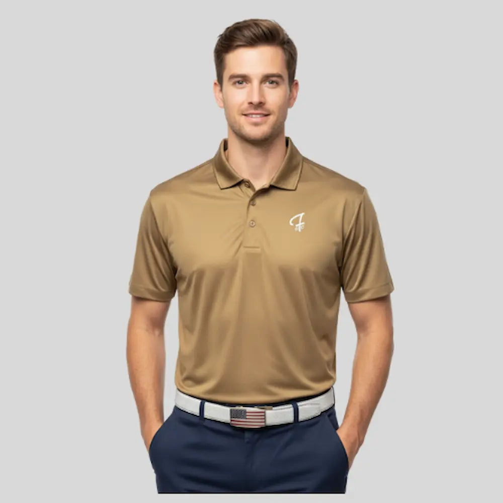 Model wearing a Pro Shop Polo in Cigar Brown from Green Ferret Golf