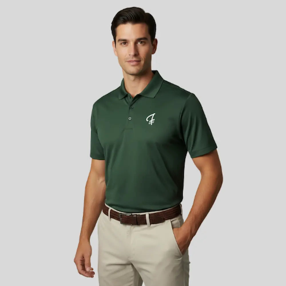 model wearing Pro Shop Polo in Forest Green From Green Ferret Golf