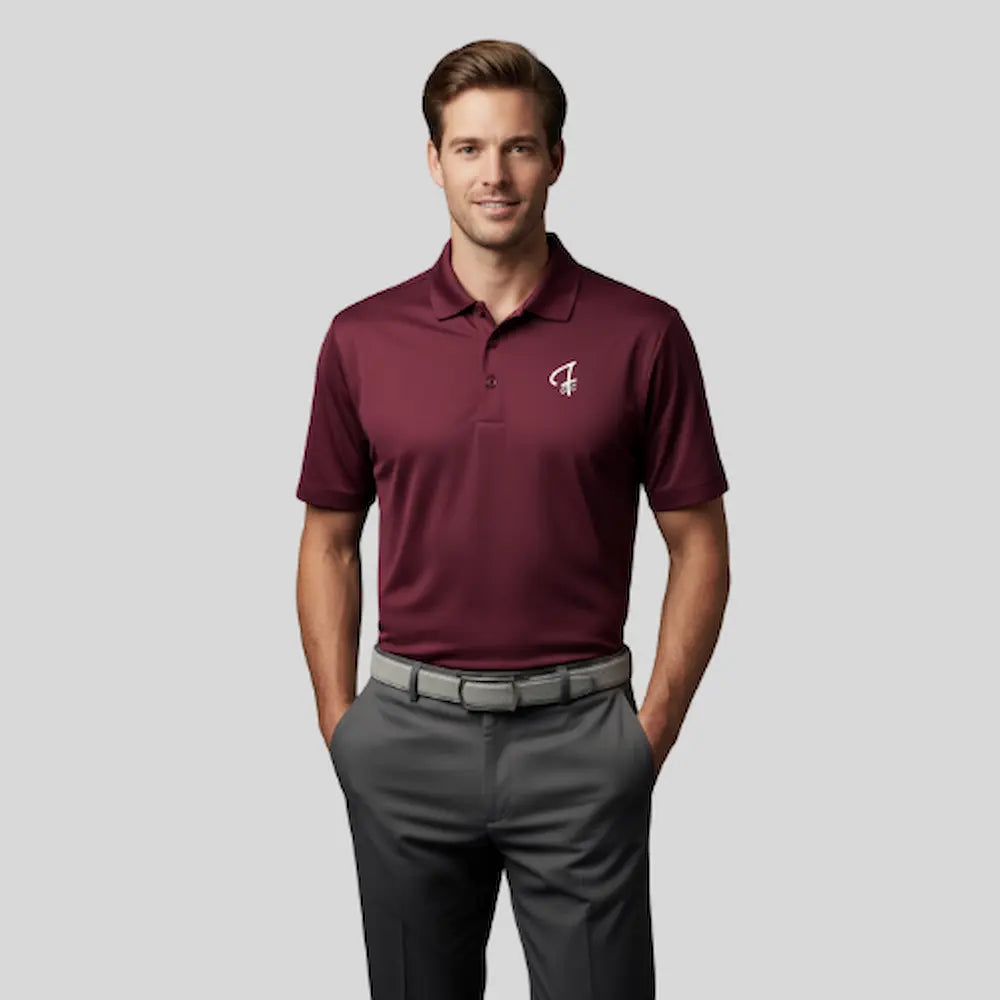 Model wearing a Pro Shop Polo in Maroon from Green Ferret Golf