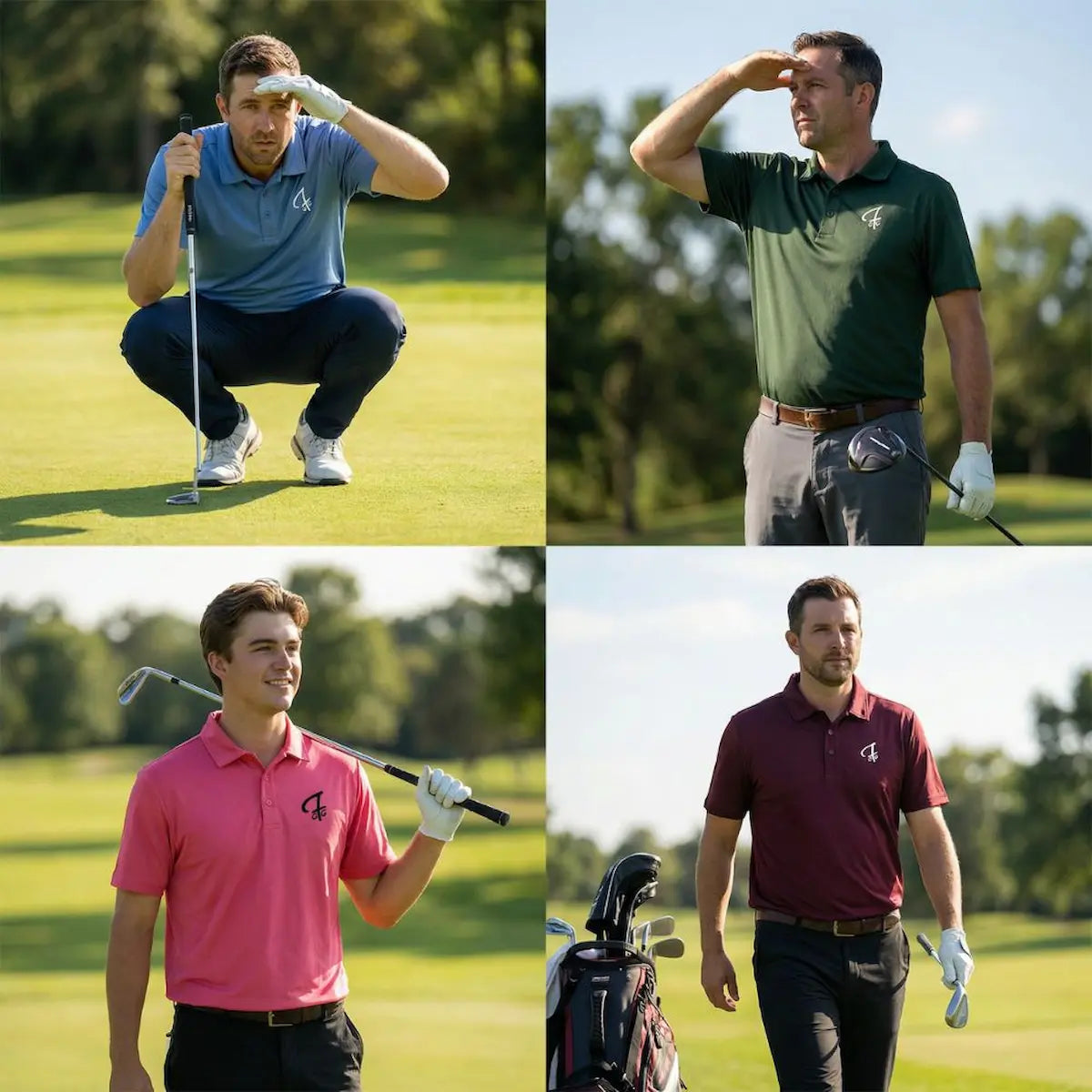 Four Golfers in their Pro Shop polos from Green Ferret Golf. Carolina Blue, Forest Green, Bright Pink and Maroon