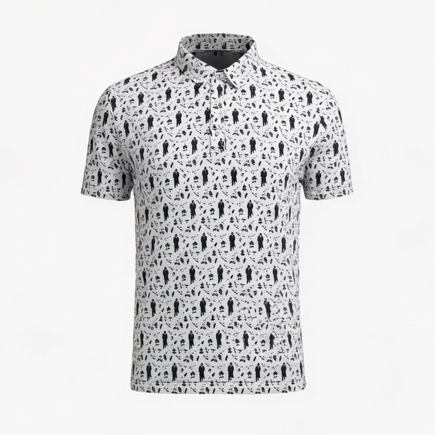 White polo shirt with black geometric pattern of American Mobster iconography and push carts on a white background