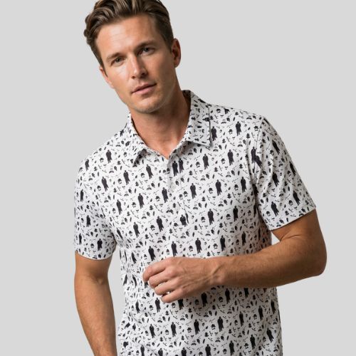 Man wearing a white polo shirt with black pattern for the Push Cart Mafia from Green Ferret Golf on a gray background