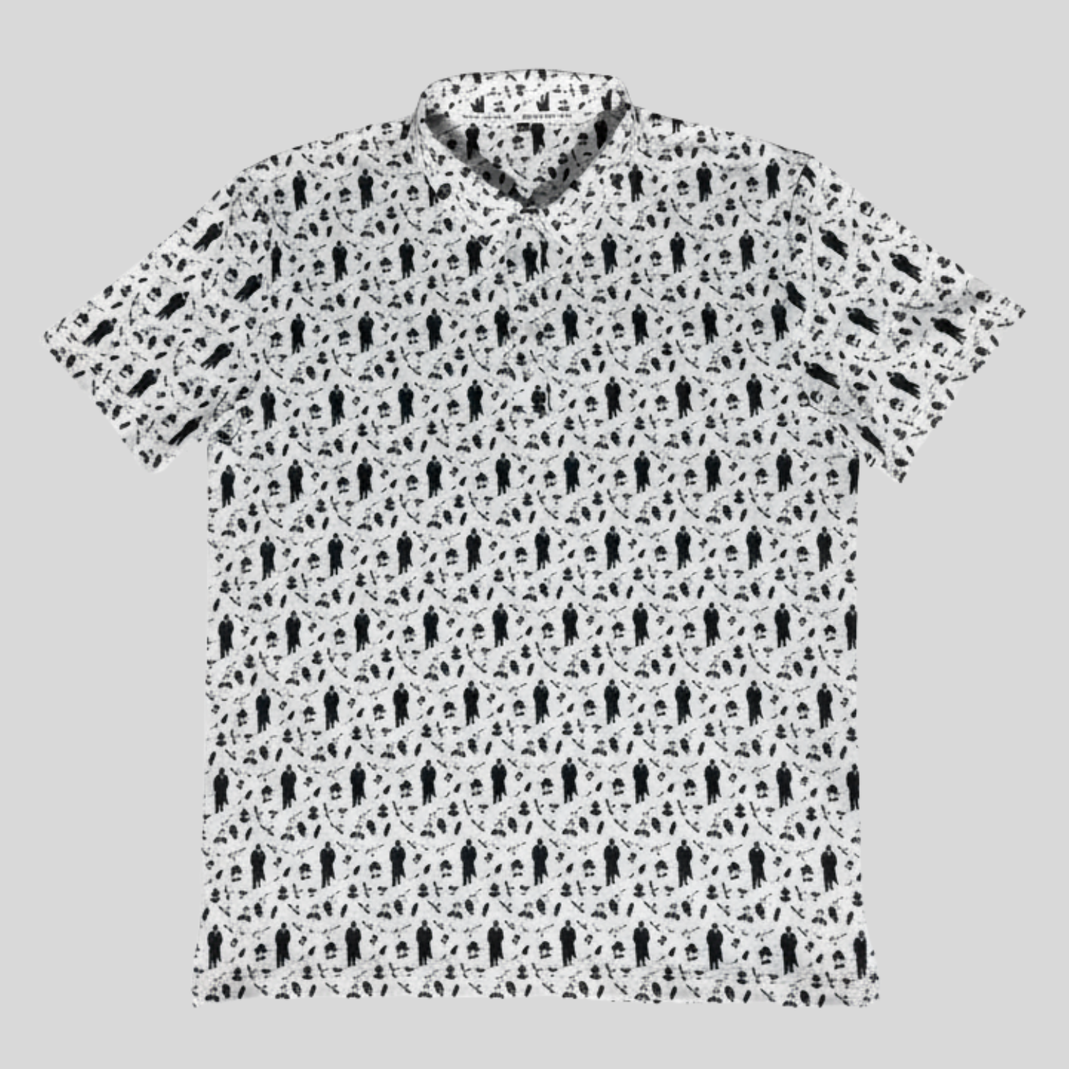 Premium Golf Polo with Push Cart Mafia Design from Green Ferret Golf. Black Print on White shirt to honor classic mafia iconography.