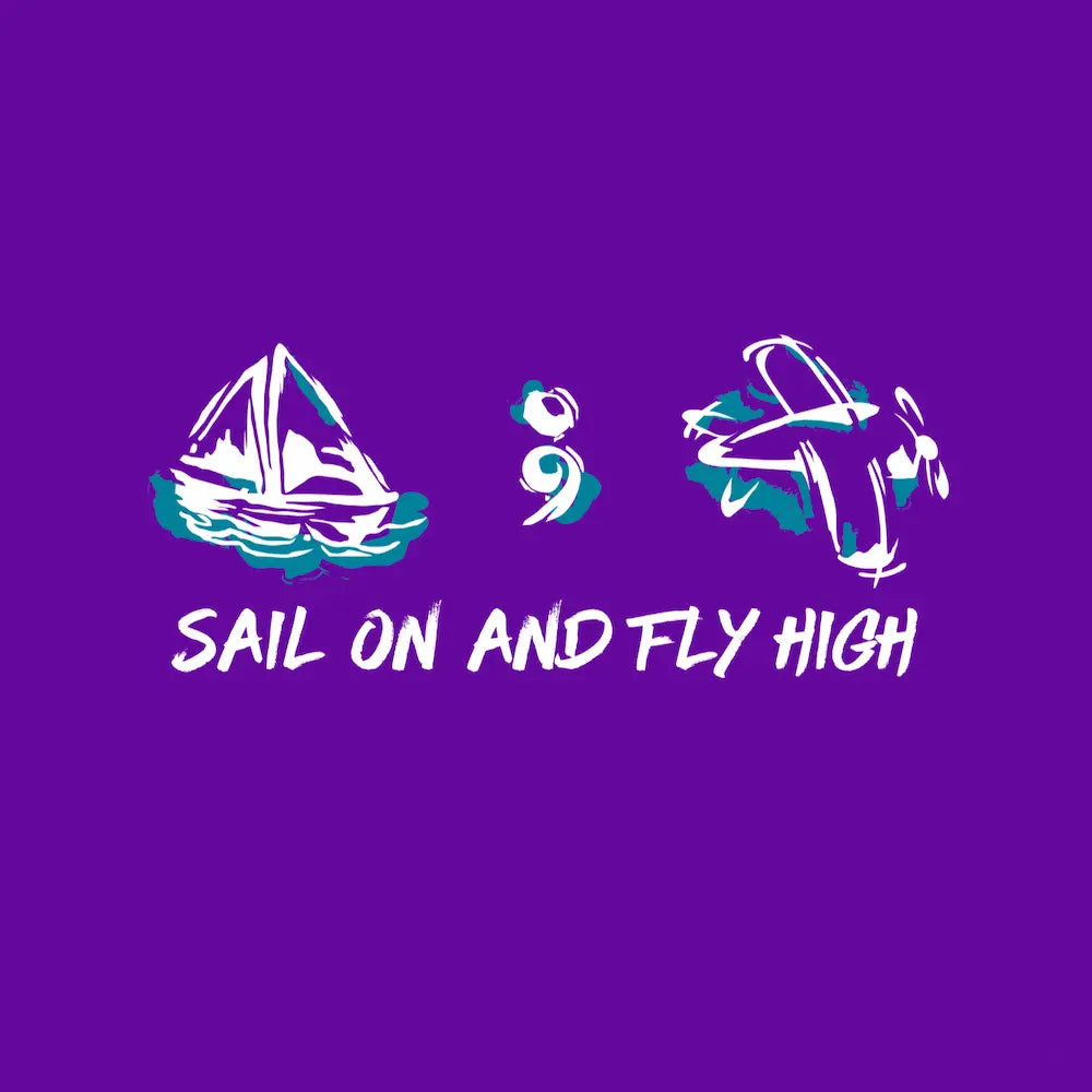 Motivational quote 'Sail on and Fly High' with sailboat and airplane icons on a purple background