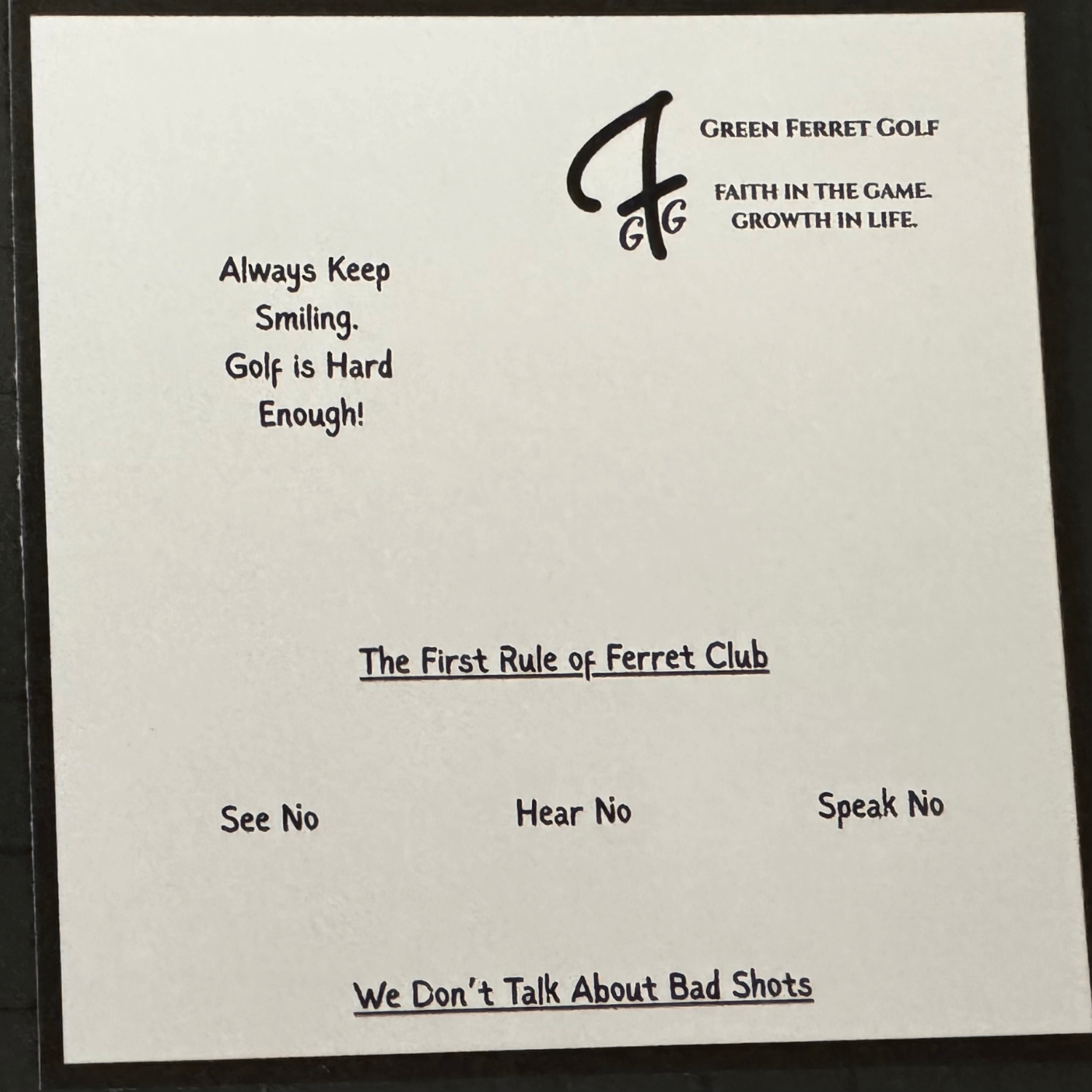 Motivational golf quote card with Green Ferret Golf logo on a white background