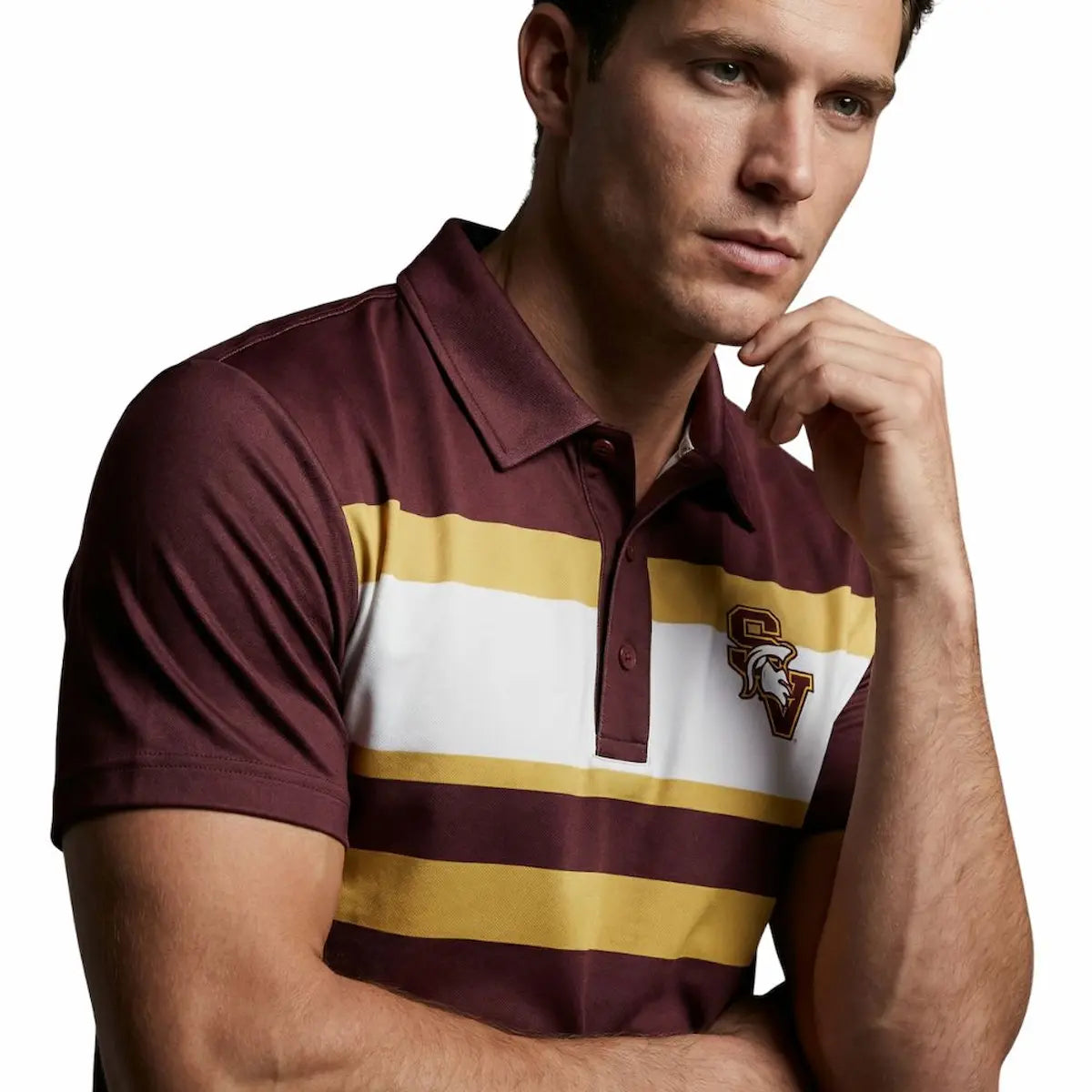 Model wearing a Sun Valley Spartans Polo  from Green Ferret Golf on a white background