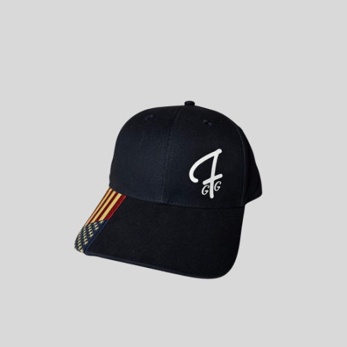 Navy cap with a Green Ferret Golf logo and American flag patch on a gray background