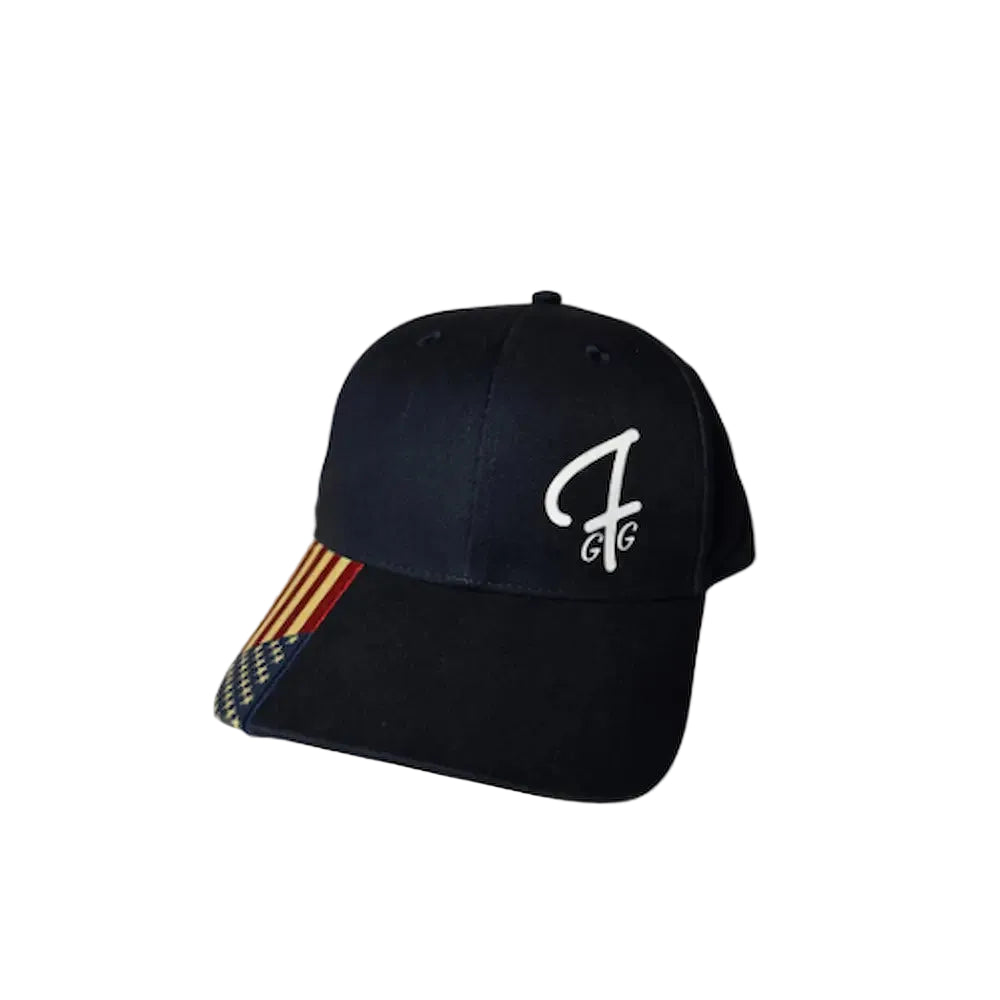 Navy cap with a Green Ferret Golf logo and American flag patch on a gray background
