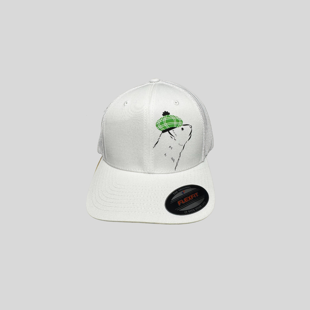 White cap with Green Ferret Golf Alternate Logo a gray background